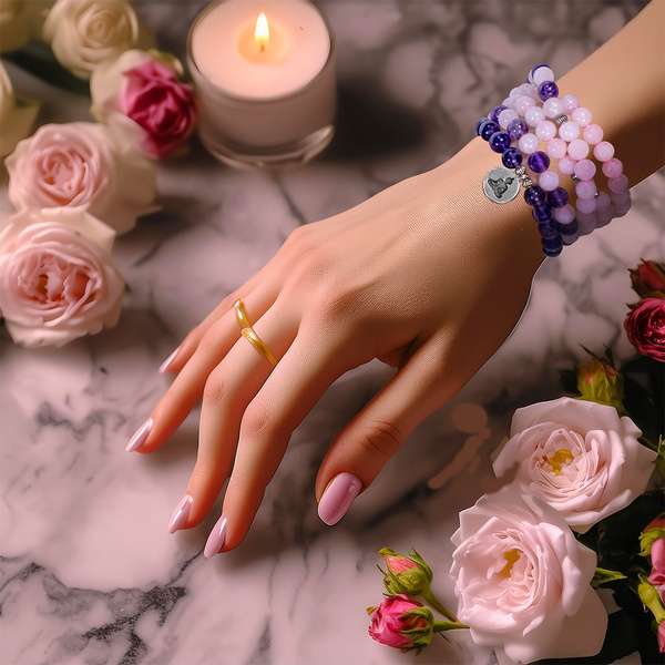 Bracelet Mala en améthyste et quartz rose – Budda