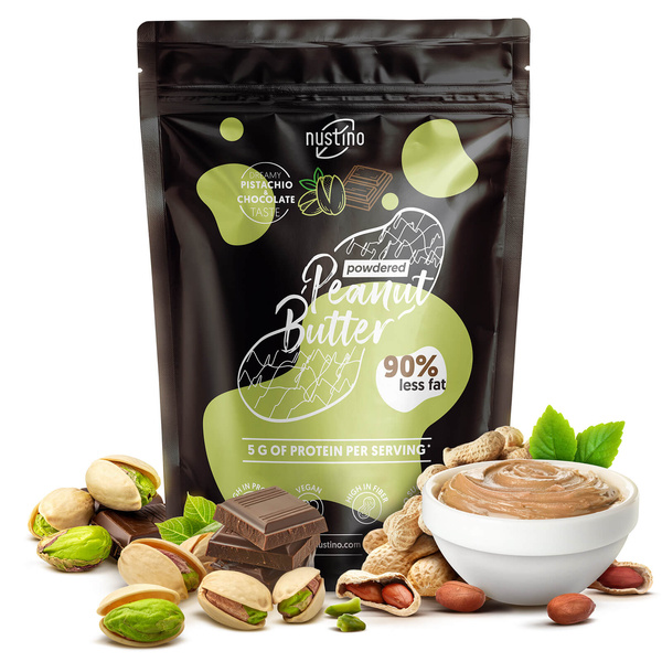 Nustino – Burro di arachidi in polvere – Pistachio & Chocolate (senza zucchero aggiunto) 400 g