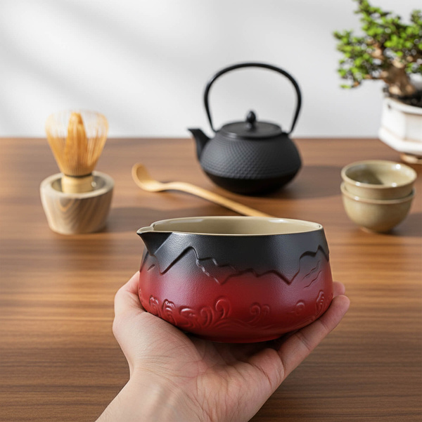 Matchawan – Ceramic Matcha Bowl with Spout – Mountain (red)